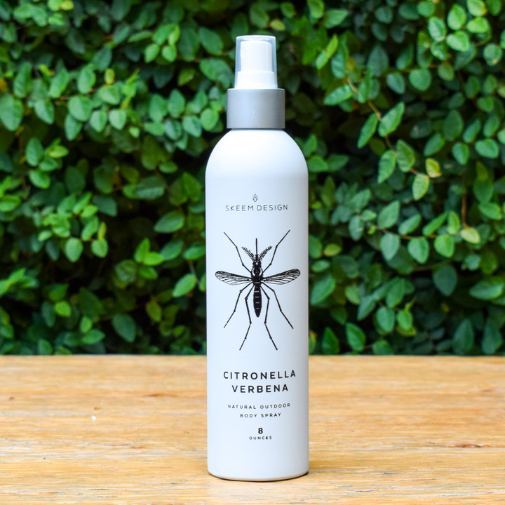 This all-natural outdoor body spray is made with citronella oil, lime, soy bean and caster oils which keeps you smelling great and keeps the bugs away. It contains no chemicals or DEET and should be applied to bare skin before heading outside. Handmade in the USA, aluminum spray bottle, 2'd x 8.5'h.